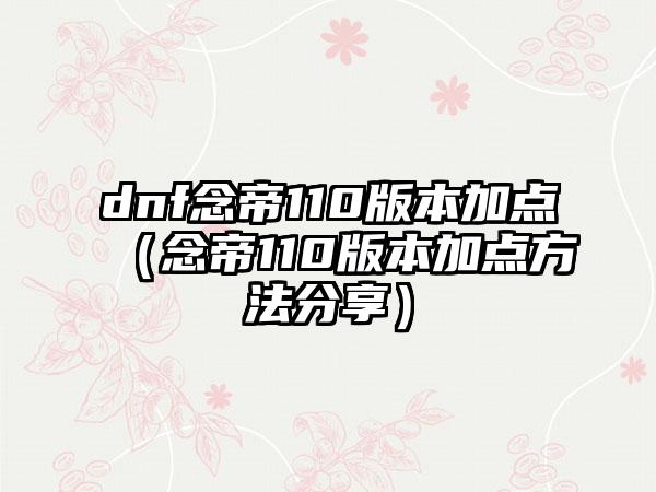 dnf念帝110版本加点（念帝110版本加点方法分享）