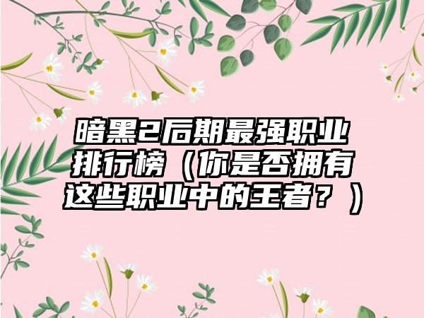 暗黑2后期最强职业排行榜（你是否拥有这些职业中的王者？）