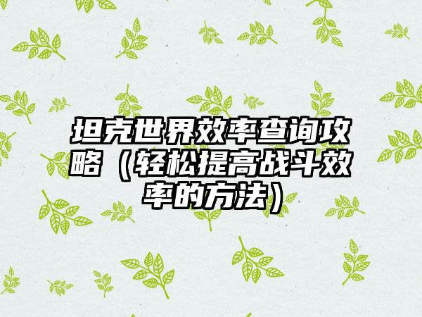 坦克世界效率查询攻略（轻松提高战斗效率的方法）