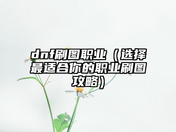 dnf刷图职业（选择最适合你的职业刷图攻略）