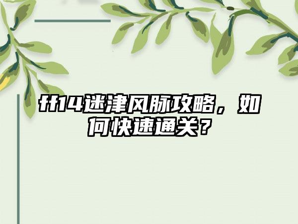 ff14迷津风脉攻略，如何快速通关？