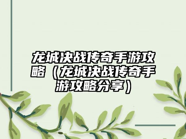 龙城决战传奇手游攻略（龙城决战传奇手游攻略分享）