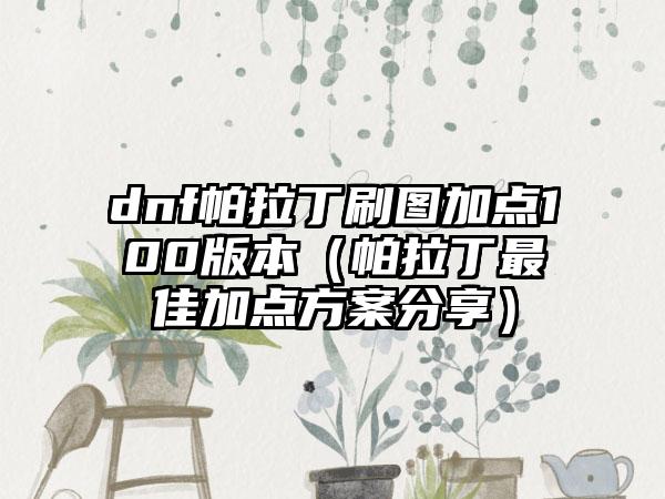 dnf帕拉丁刷图加点100版本（帕拉丁最佳加点方案分享）