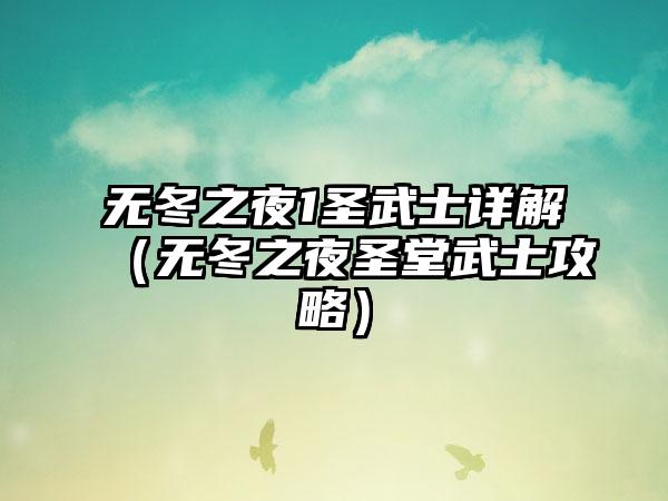 无冬之夜1圣武士详解（无冬之夜圣堂武士攻略）