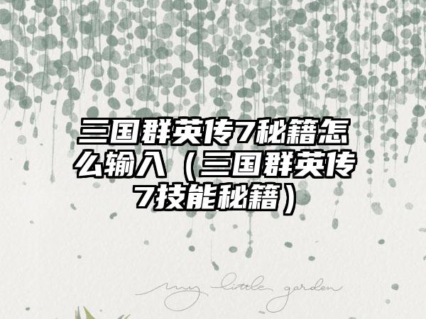 三国群英传7秘籍怎么输入（三国群英传7技能秘籍）