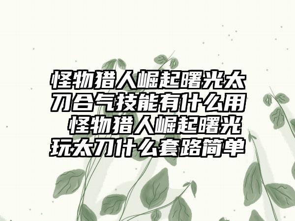怪物猎人崛起曙光太刀合气技能有什么用 怪物猎人崛起曙光玩太刀什么套路简单