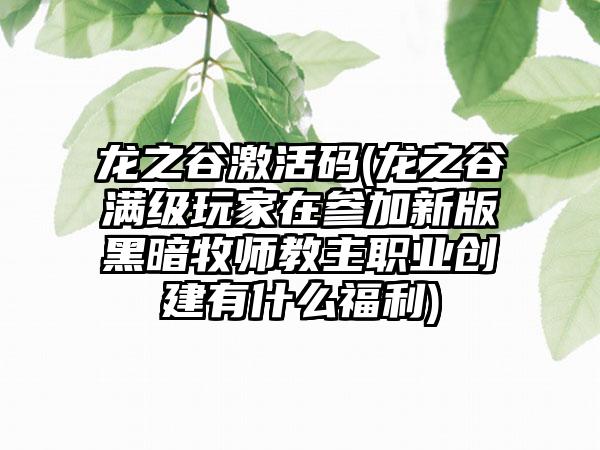 龙之谷激活码(龙之谷满级玩家在参加新版黑暗牧师教主职业创建有什么福利)