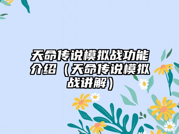 天命传说模拟战功能介绍（天命传说模拟战讲解）
