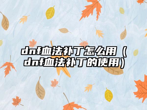 dnf血法补丁怎么用（dnf血法补丁的使用）