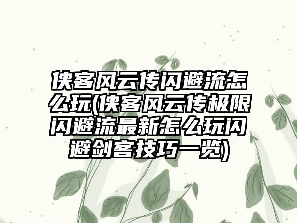 侠客风云传闪避流怎么玩(侠客风云传极限闪避流最新怎么玩闪避剑客技巧一览)