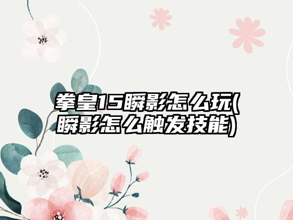 拳皇15瞬影怎么玩(瞬影怎么触发技能)
