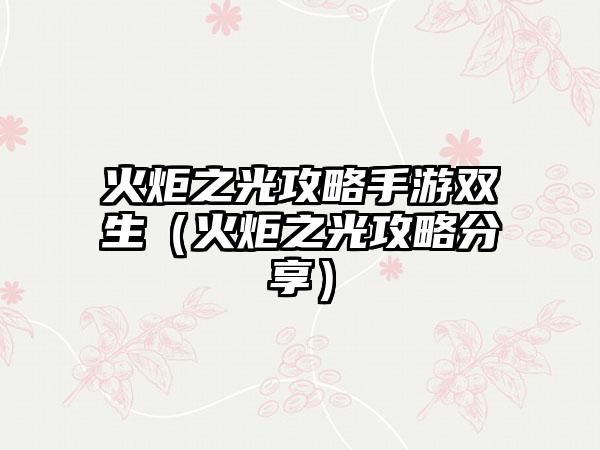 火炬之光攻略手游双生（火炬之光攻略分享）