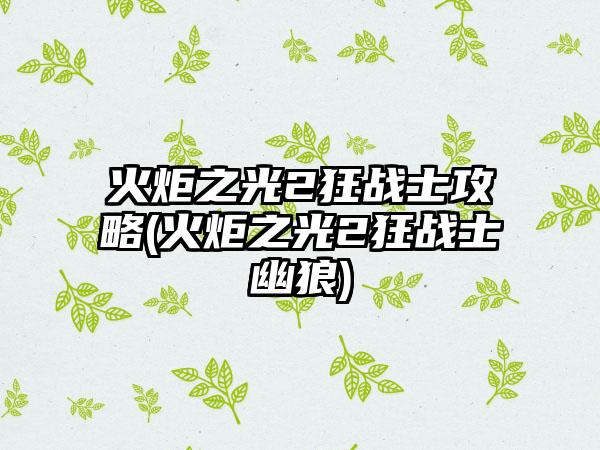 火炬之光2狂战士攻略(火炬之光2狂战士幽狼)