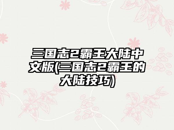 三国志2霸王大陆中文版(三国志2霸王的大陆技巧)