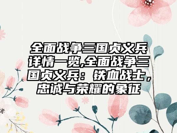 全面战争三国贞义兵详情一览,全面战争三国贞义兵：铁血战士，忠诚与荣耀的象征