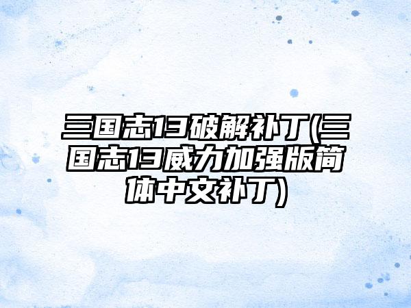 三国志13破解补丁(三国志13威力加强版简体中文补丁)