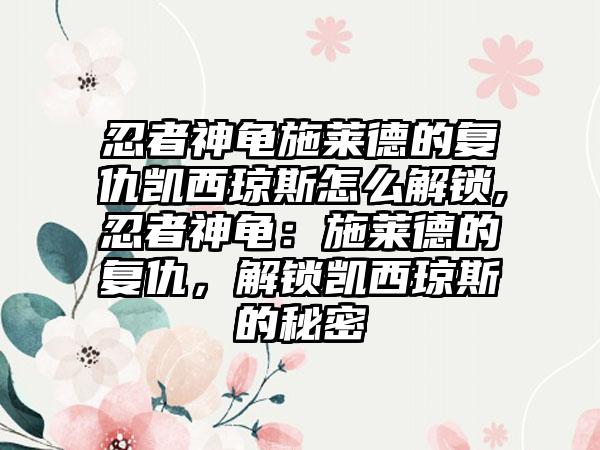 忍者神龟施莱德的复仇凯西琼斯怎么解锁,忍者神龟：施莱德的复仇，解锁凯西琼斯的秘密