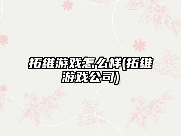 拓维游戏怎么样(拓维游戏公司)