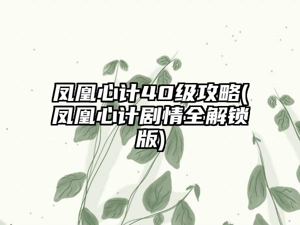 凤凰心计40级攻略(凤凰心计剧情全解锁版)
