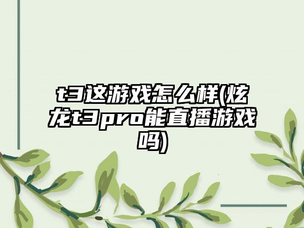t3这游戏怎么样(炫龙t3pro能直播游戏吗)
