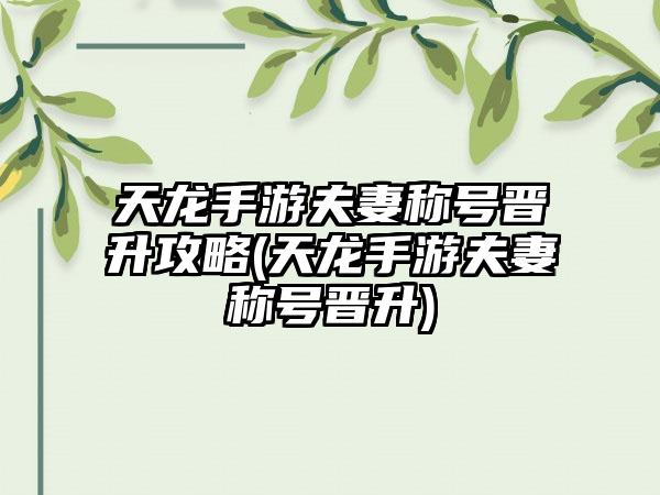 天龙手游夫妻称号晋升攻略(天龙手游夫妻称号晋升)