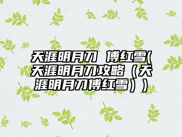 天涯明月刀 傅红雪(天涯明月刀攻略（天涯明月刀傅红雪）)