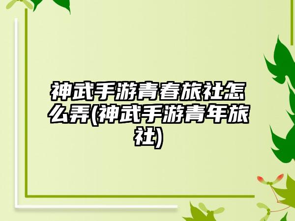 神武手游青春旅社怎么弄(神武手游青年旅社)