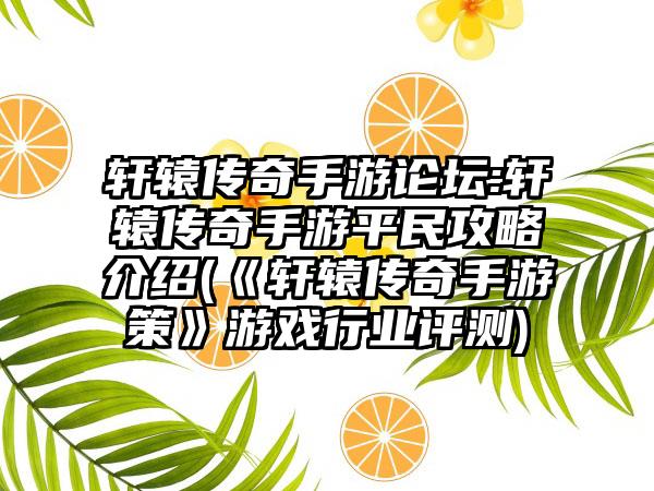 轩辕传奇手游论坛:轩辕传奇手游平民攻略介绍(《轩辕传奇手游策》游戏行业评测)
