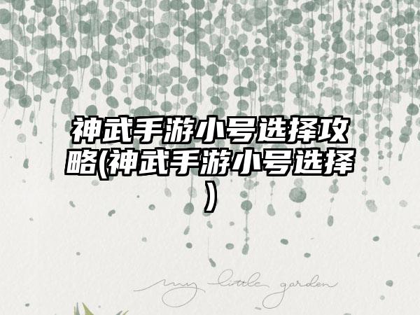 神武手游小号选择攻略(神武手游小号选择)