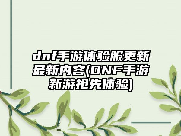 dnf手游体验服更新最新内容(DNF手游新游抢先体验)