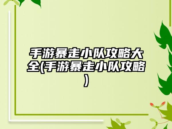 手游暴走小队攻略大全(手游暴走小队攻略)