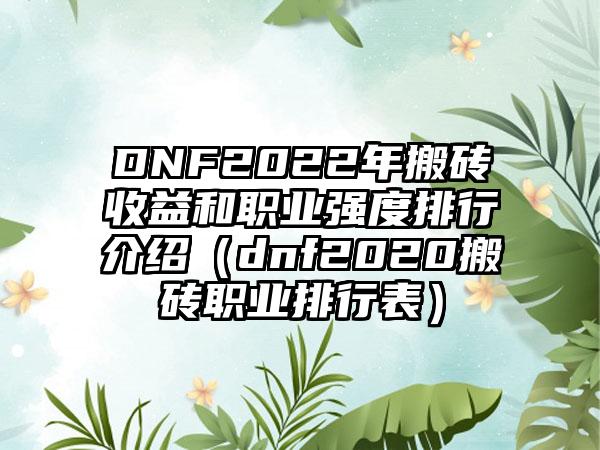 DNF2022年搬砖收益和职业强度排行介绍（dnf2020搬砖职业排行表）
