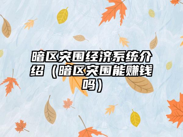 暗区突围经济系统介绍（暗区突围能赚钱吗）