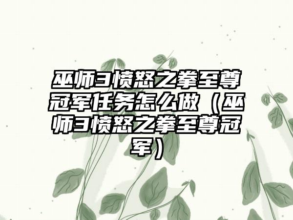 巫师3愤怒之拳至尊冠军任务怎么做（巫师3愤怒之拳至尊冠军）