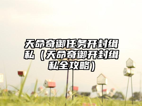 天命奇御任务开封缉私（天命奇御开封缉私全攻略）