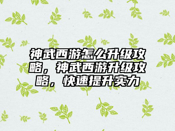 神武西游怎么升级攻略，神武西游升级攻略，快速提升实力