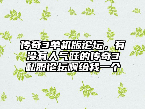 传奇3单机版论坛，有没有人气旺的传奇3私服论坛啊给我一个