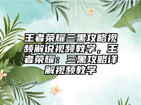 王者荣耀三黑攻略视频解说视频教学，王者荣耀：三黑攻略详解视频教学