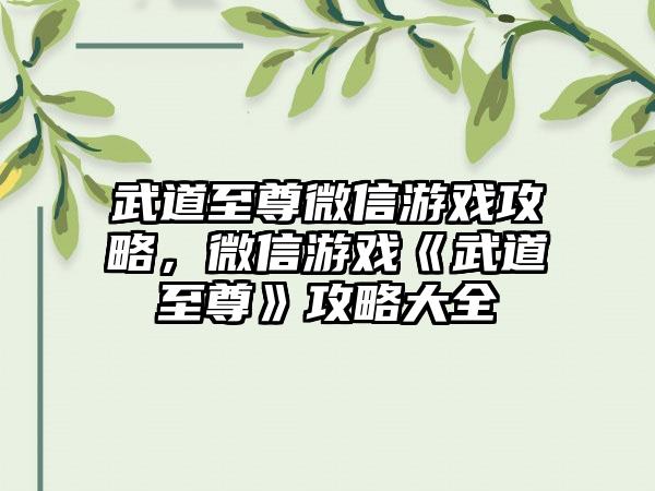 武道至尊微信游戏攻略，微信游戏《武道至尊》攻略大全