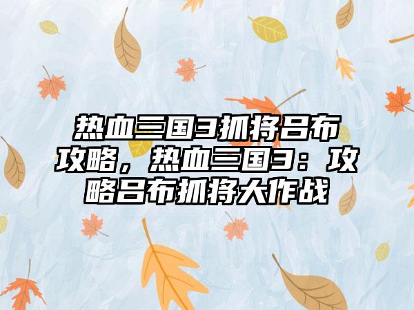 热血三国3抓将吕布攻略，热血三国3：攻略吕布抓将大作战
