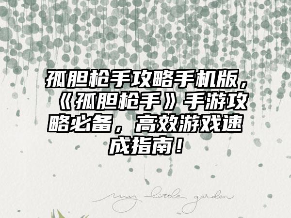 孤胆枪手攻略手机版，《孤胆枪手》手游攻略必备，高效游戏速成指南！