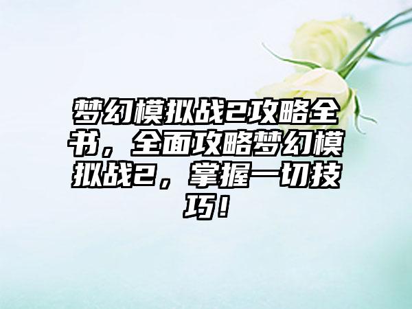 梦幻模拟战2攻略全书，全面攻略梦幻模拟战2，掌握一切技巧！