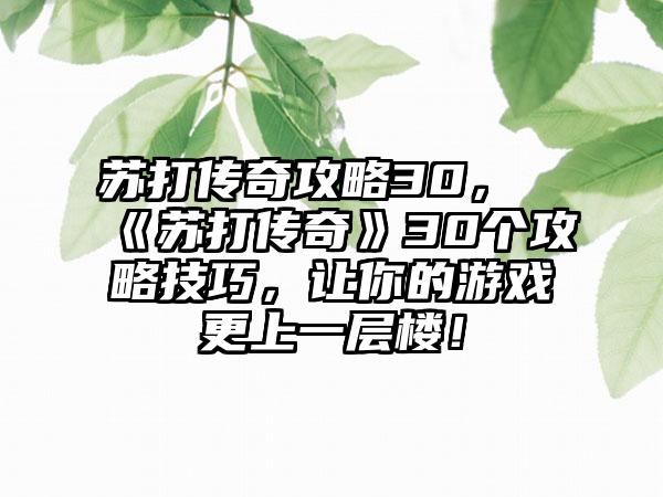 苏打传奇攻略30，《苏打传奇》30个攻略技巧，让你的游戏更上一层楼！