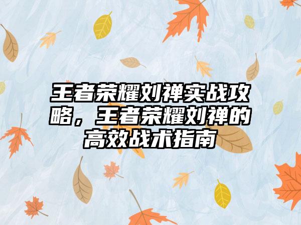 王者荣耀刘禅实战攻略，王者荣耀刘禅的高效战术指南