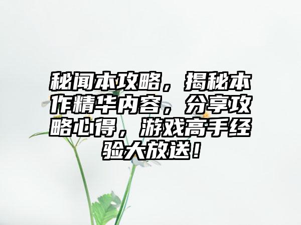 秘闻本攻略，揭秘本作精华内容，分享攻略心得，游戏高手经验大放送！