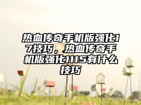 热血传奇手机版强化17技巧，热血传奇手机版强化1115有什么技巧