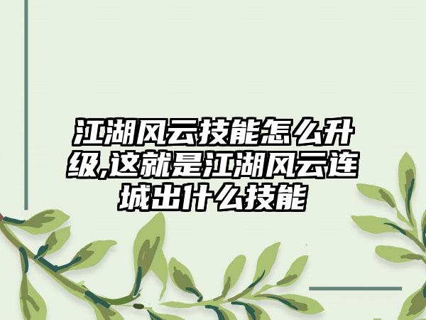 江湖风云技能怎么升级,这就是江湖风云连城出什么技能