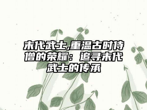 末代武士,重温古时侍僧的荣耀：追寻末代武士的传承