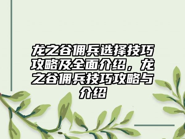 龙之谷佣兵选择技巧攻略及全面介绍，龙之谷佣兵技巧攻略与介绍