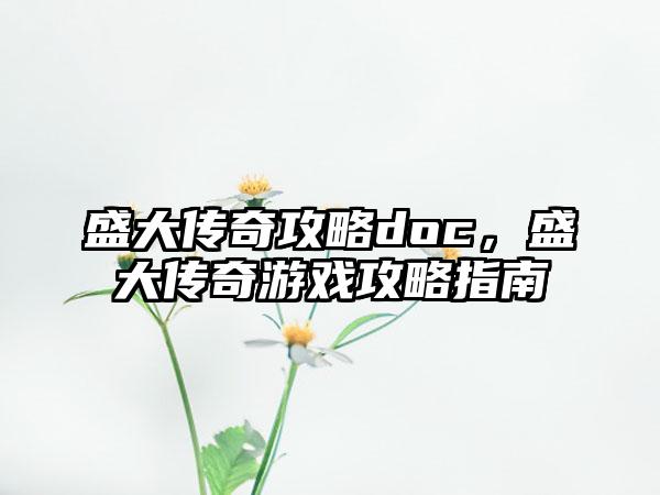 盛大传奇攻略doc，盛大传奇游戏攻略指南